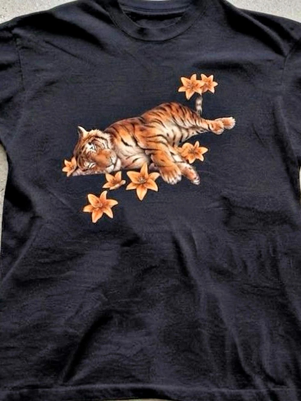 Sleeping Tiger And Lily Flower Graphic Short Sleeve Tee Black